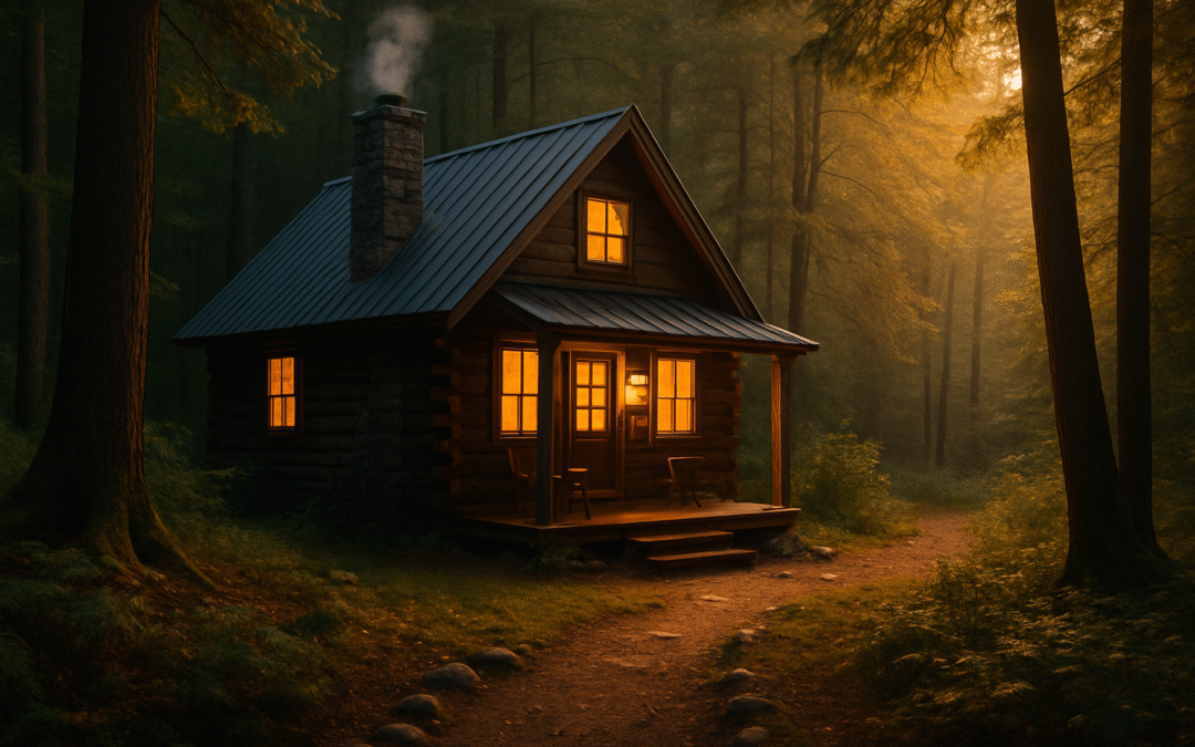 Peaceful wooden cabin surrounded by tall pine trees, symbolizing retreat, calm, and recovery. Demonstrating rigidity to realization